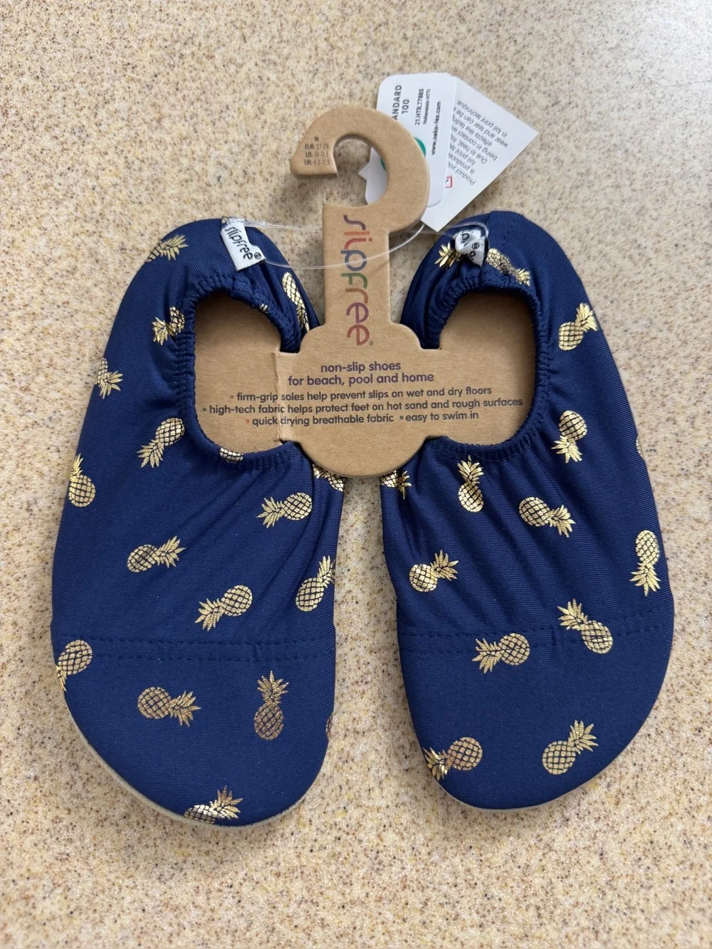 Slipfree Kids Barefoot Water shoes Navy Gold Pineapple M 10-11.5 NWT Pool Beach